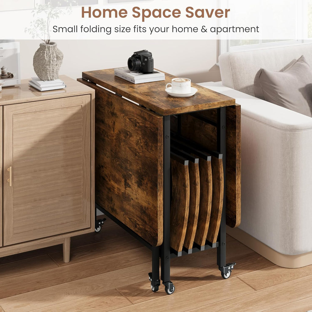 Garvee Dining Table Set for 4,Foldable Dining Table with 4 Foldable Chairs, Rectangle Space Saver Table and Chairs Set with Swivel Wheels, for Small Space,Apartment,Kitchen,Dining Room, Rustic Brown