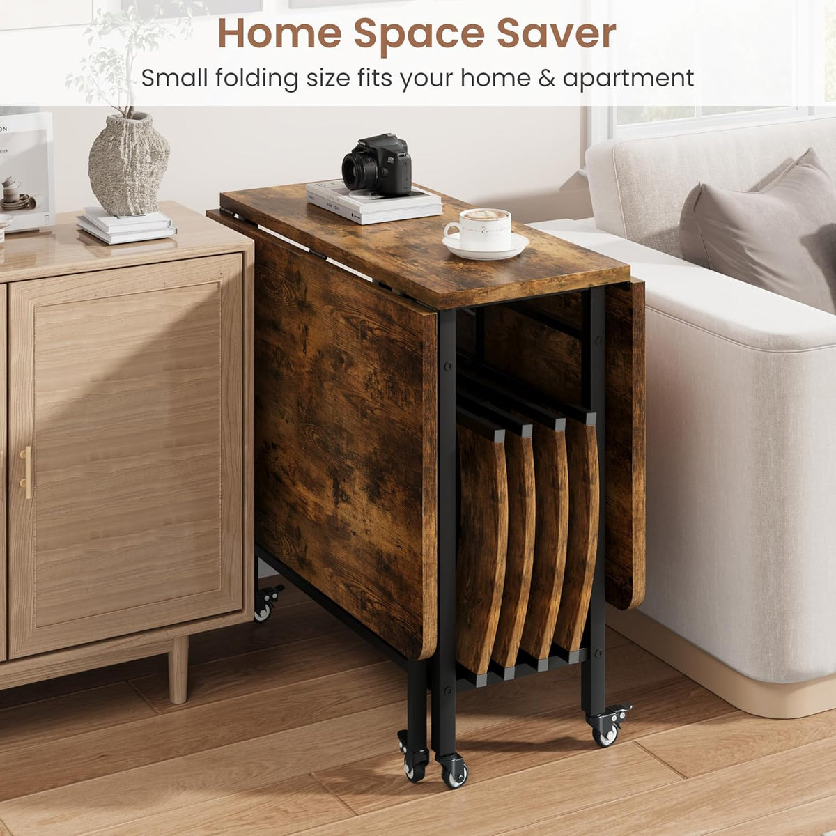 Garvee Dining Table Set for 4,Foldable Dining Table with 4 Foldable Chairs, Rectangle Space Saver Table and Chairs Set with Swivel Wheels, for Small Space,Apartment,Kitchen,Dining Room, Rustic Brown