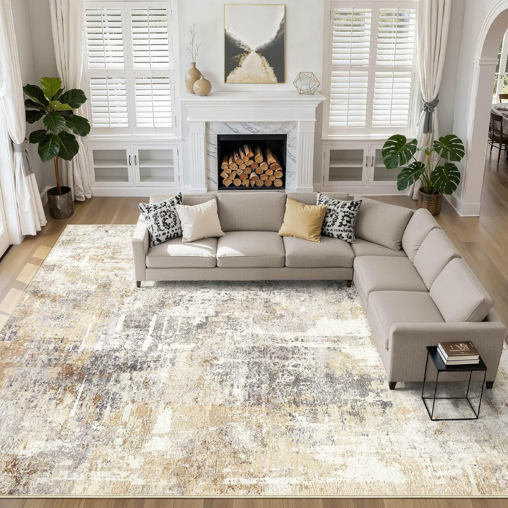 LOONGRUG 10x14 Area Rugs Living Room: Washable Large Abstract Modern Soft Rug Stain Resistant Indoor Floor Non Slip Accent Carpet for Bedroom Nursery Playroom Office Dining Room Dorm & Home- Gray Gold