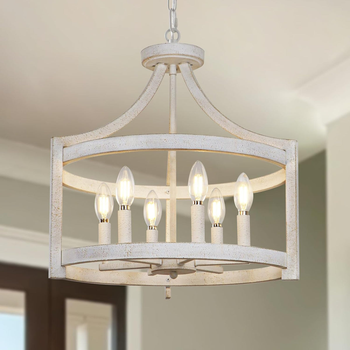 6-Light Farmhouse Chandelier, 19.3'' Vintage Chandeliers for Dining Room, Antique White Semi Flush Mount Ceiling Light, Rustic Metal Hanging Pendant Light Fixture for Entryway Foyer Hallway