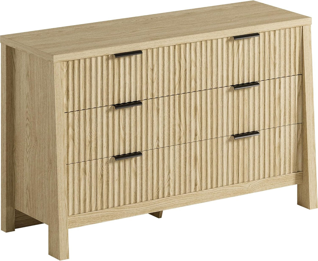 LIKIMIO Fluted 6 Drawers Dresser for Bedroom, 47" Wide Modern Chest of Drawers with Metal Handle, Wooden Dresser Storage Organizer for Living Room, Entryway, Hallway, Natural Oak
