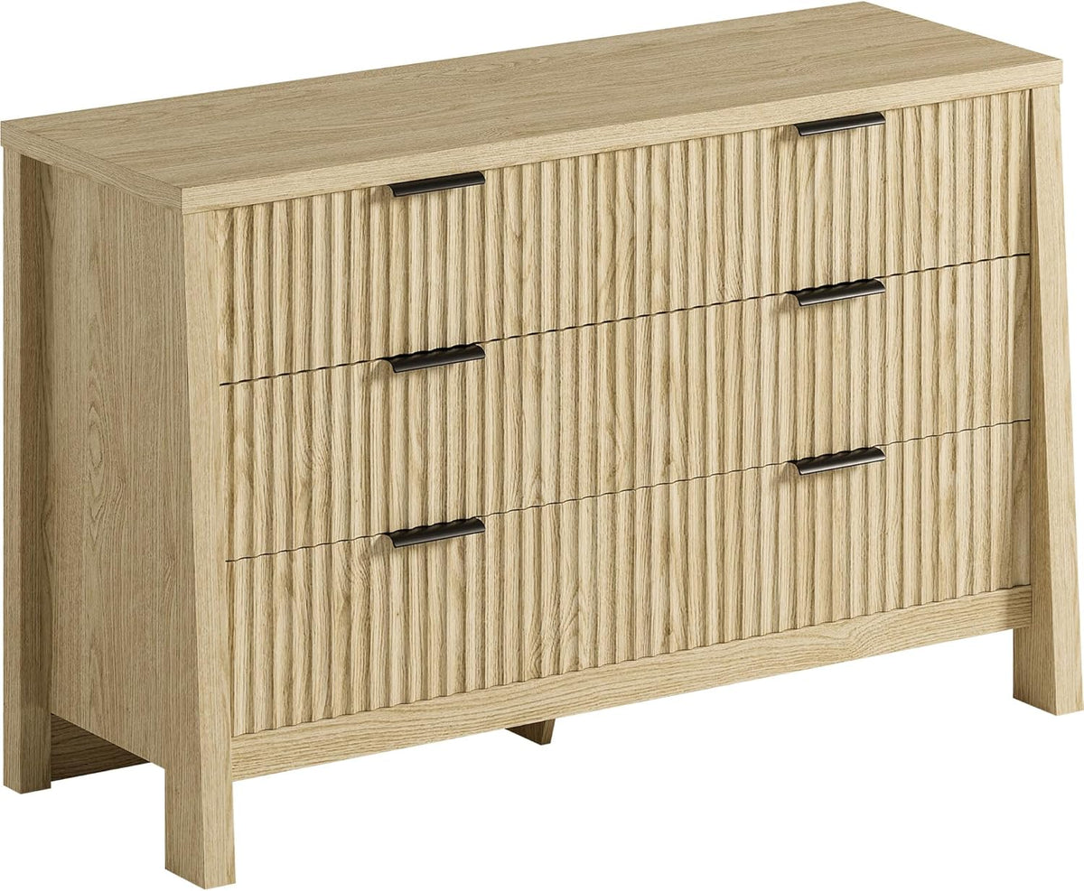 LIKIMIO Fluted 6 Drawers Dresser for Bedroom, 47" Wide Modern Chest of Drawers with Metal Handle, Wooden Dresser Storage Organizer for Living Room, Entryway, Hallway, Natural Oak