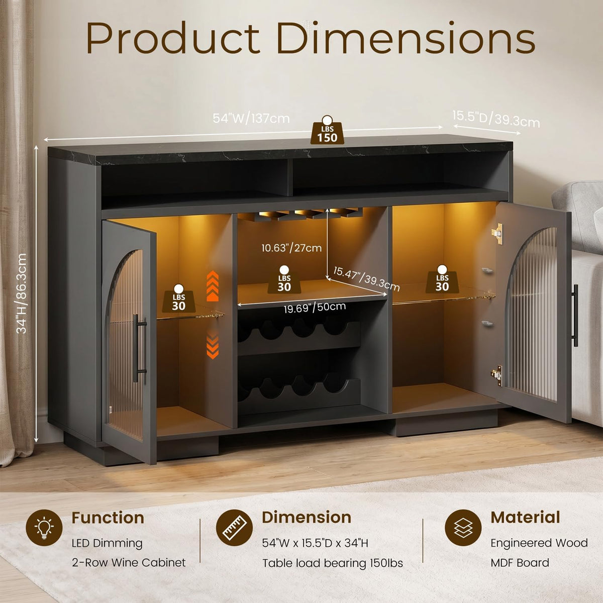 Wine Bar Cabinet 54", Black Coffee Bar Cabinet with LED Lights, Arched Glass Doors, Wine Rack, Adjustable Shelves, Sideboard Buffet Cabinet for Dining Room, Black
