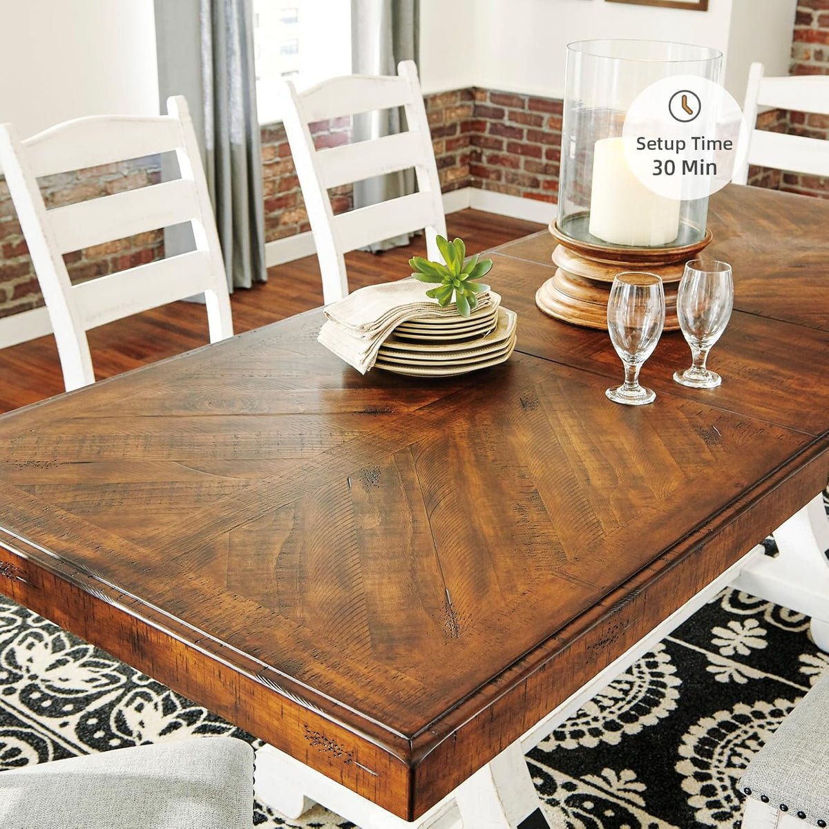 Signature Design by Ashley Valebeck Extendable Dining Room Table, Rustic Farmhouse Dining Table with Leaf Extension, Seats Up to 8, Vintage White/Brown