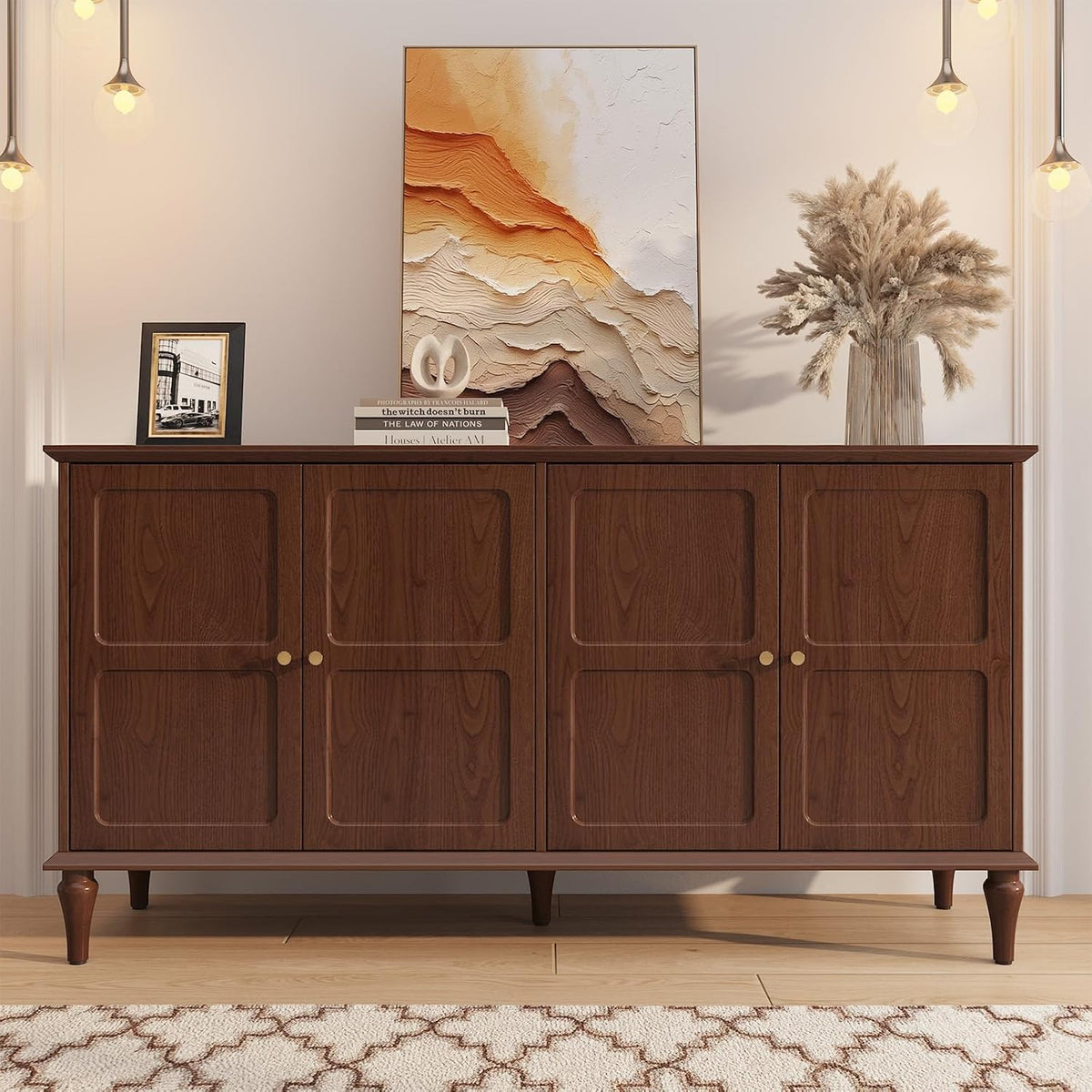 ARTPOWER Sideboard Buffet Cabinet with Storage, 58'' Mid-Century Modern Storage Cabinet with 4 Doors and Adjustable Shelves, Accent Style Sideboard for Entryway, Dining Room, Living Room, Brown