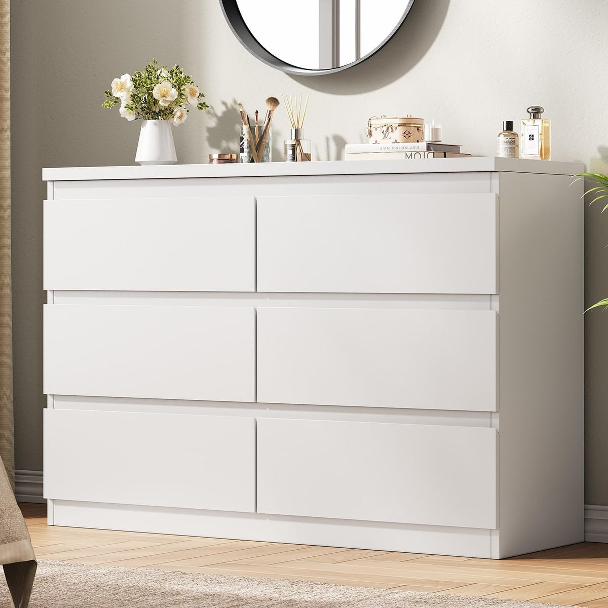 Jocoevol White 6 Drawer Dresser for Bedroom, 15.3" D x 47.2" W x 32.3" H in Simply Modern Chest of Drawers, Wood Storage Double Dresser with Deep Drawers for Living Room, Hallway Entryway, White