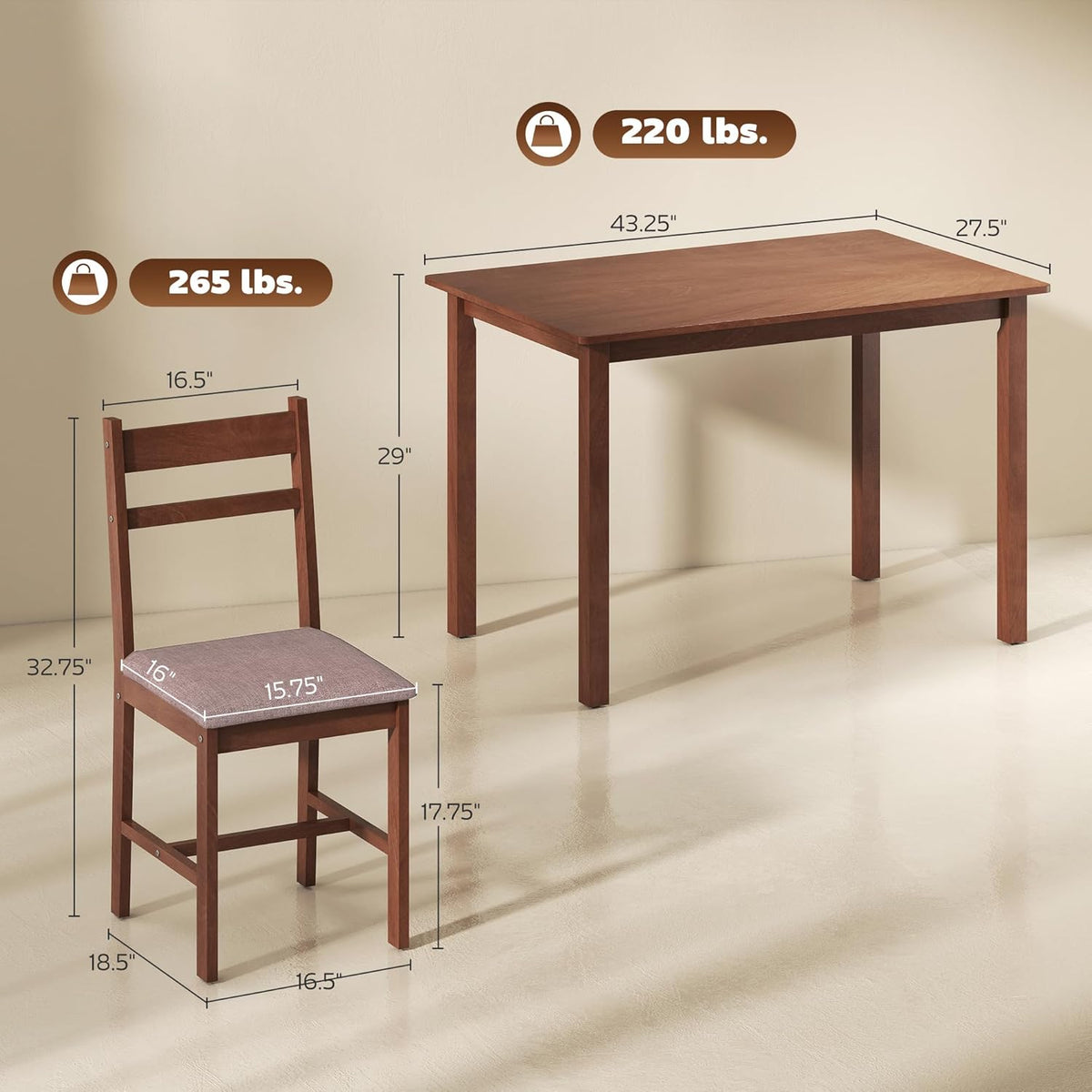 HOMCOM 5-Piece Solid Wood Dining Table Set for 4, Farmhouse Kitchen Table with Upholstered Chairs for Small Space, Dining Room, Breakfast Nook, Light Brown and Brown