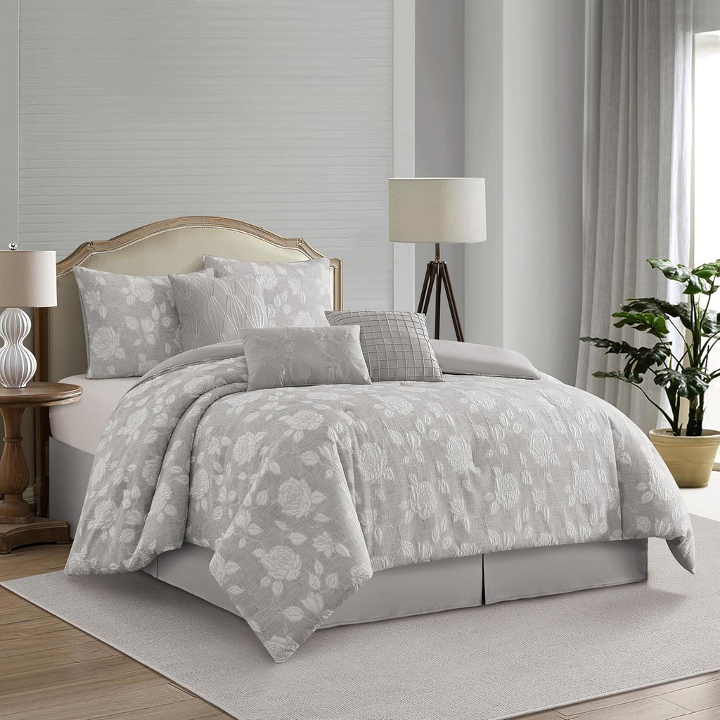 Stratford Park Elegant Grey Floral Comforter Set, 7 Piece Jacquard Bedding Set Queen, Waffle Weave Texture All Season Bedding Set, Matching Bed Skirt, Pillows & Shams