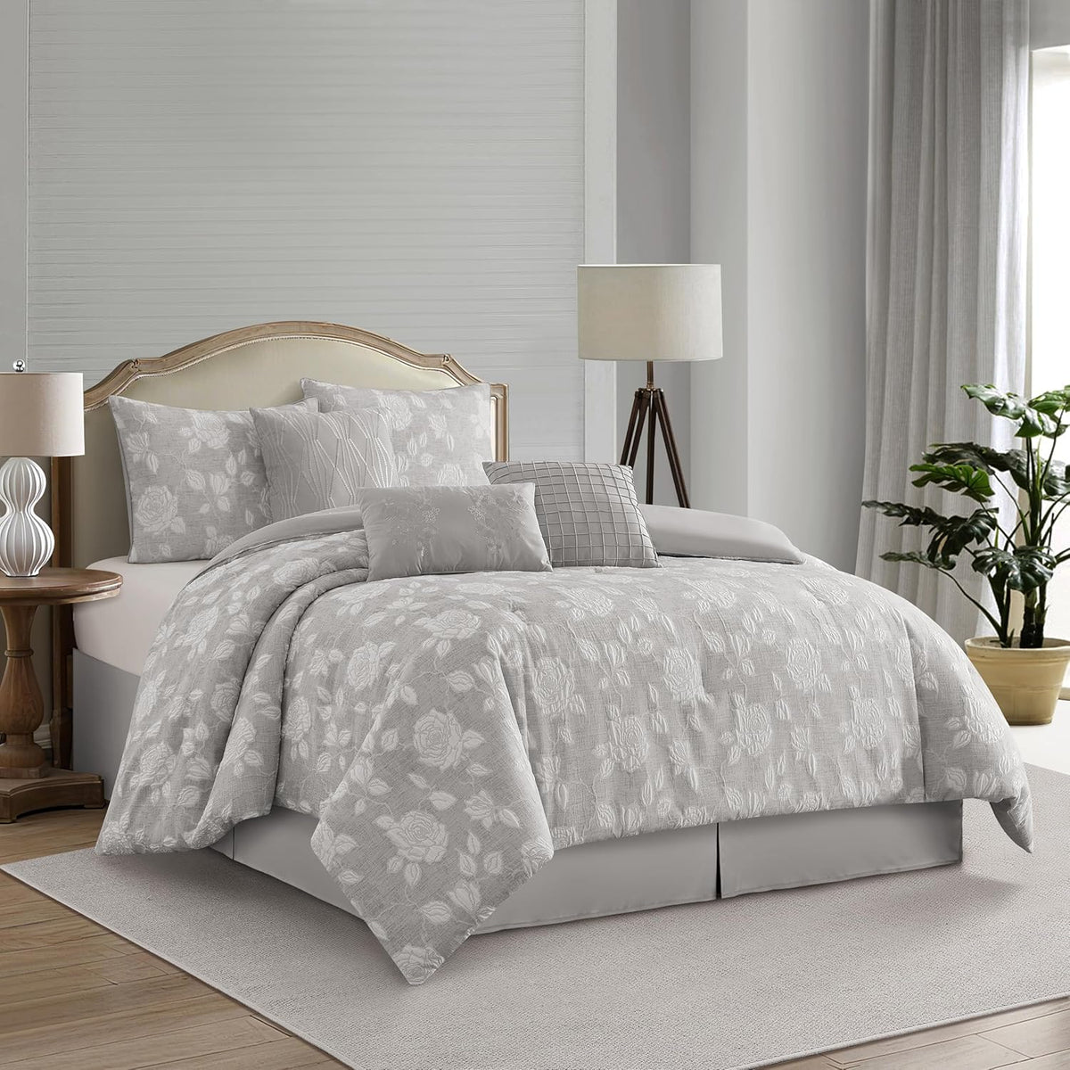 Stratford Park Elegant Grey Floral Comforter Set, 7 Piece Jacquard Bedding Set Queen, Waffle Weave Texture All Season Bedding Set, Matching Bed Skirt, Pillows & Shams