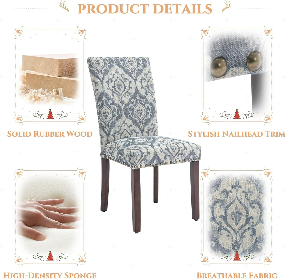 Parsons Dining Chairs Set of 2, Upholstered Nailhead Dining Room Kitchen Side Chair with Thick Cushions and Wood Legs, White/Blue
