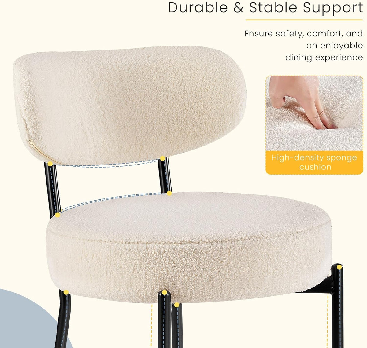 DUMOS Dining Chairs Set of 4, Mid Century Modern Chair Round Upholstered Curved Backrest, Kitchen Vanity Living Room Chairs with Black Metal Legs .Light Beige