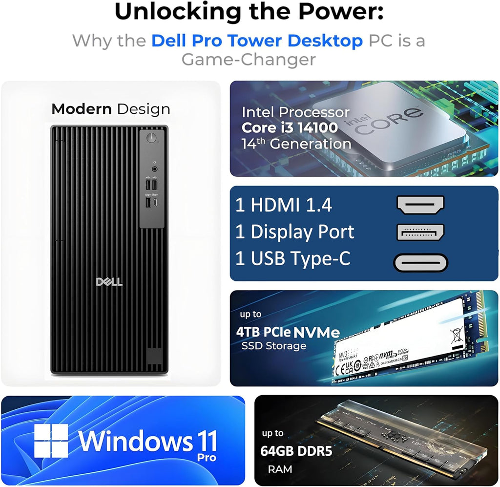 Dell Pro Tower Desktop Computer, Next Gen OptiPlex, 14th Gen Intel i3-14100 (4-Core), 8GB DDR5 RAM, 256GB PCIe SSD, Windows 11 Pro – Reliable Essential Desktop for Small Business & Home Office