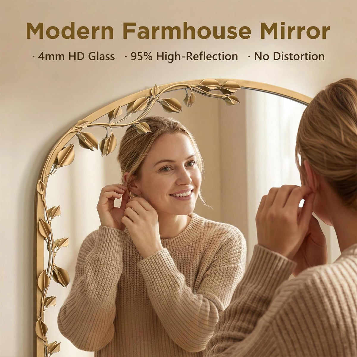 Besdomus Arched Wall Decorative Mirror: 32"x30" Ornate Brass Gold Wall Mirror - Arch Metal Framed with Vine Decorative - Modern Farmhouse for Bathroom/Fireplace/Entryway/Living Room