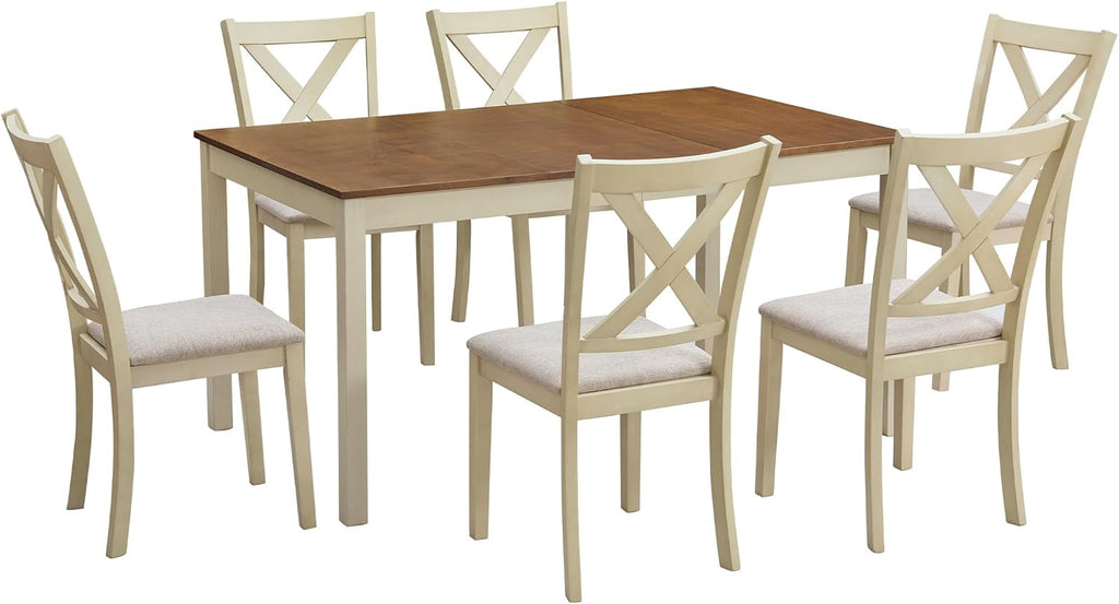 AMERLIFE 7-Piece Farmhouse Solid Wood Dining Table Set with 6 Upholstered Chairs, 60" Space Saving Dinner Table & Chairs Set, for Dining Room, Kitchen, Restaurant, Rustic Cream