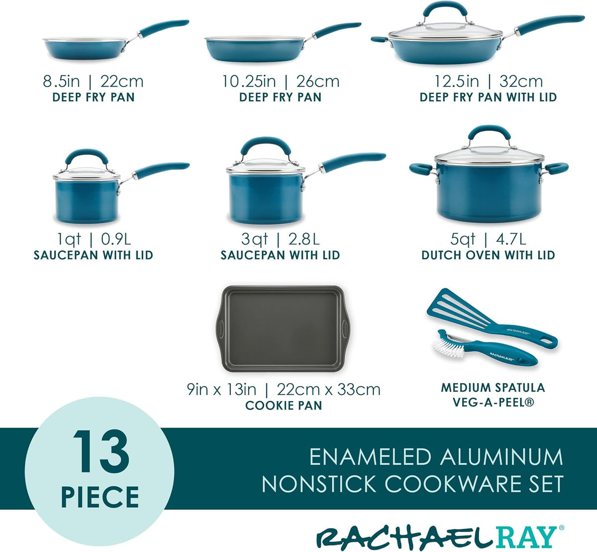 Rachael Ray Create Delicious Nonstick Cookware Induction Pots and Pans Set, 13 Piece - Teal Shimmer