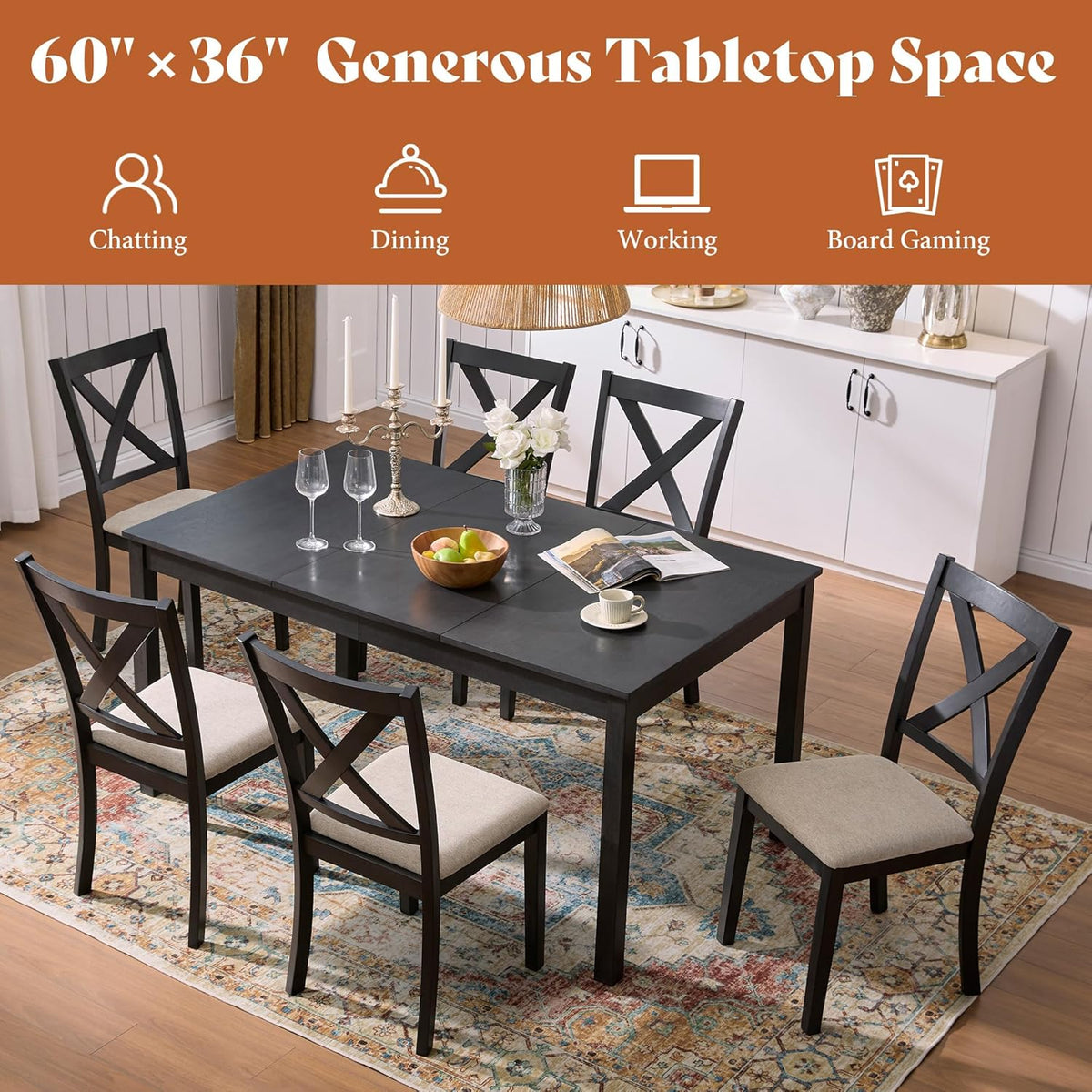 AMERLIFE 7-Piece Farmhouse Dining Table Set with 6 Upholstered Chairs, 60" Space-Saving Dining Table & Chair Set for Dining Room, Kitchen, Small Apartment, Restaurant, Grey