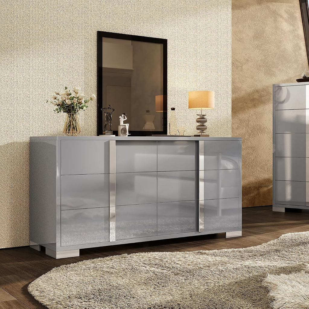 AMERLIFE 54" W High Gloss 6 Drawers Dressers with Silver Grooved Handles, Modern Storage Chest of Drawers with Wide Tabletop, for Bedroom/Dressing Room/Living Room, Grey
