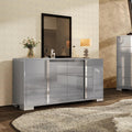 AMERLIFE 54" W High Gloss 6 Drawers Dressers with Silver Grooved Handles, Modern Storage Chest of Drawers with Wide Tabletop, for Bedroom/Dressing Room/Living Room, Grey