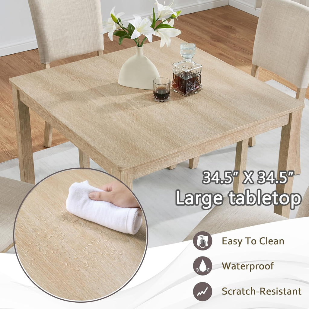 Harper & Bright Designs Modern 5-Piece Wooden Dining Table Set for 4 - Small Space 34.5" Square Kitchen Table & Upholstered Seats Chairs,Compact Apartment Dining Set,Light Oak + Beige