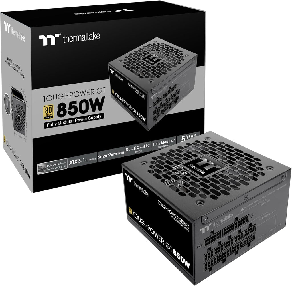 Thermaltake Toughpower GT 850W ATX 3.1 Standard Power Supply; 80 Plus Gold Efficiency; Smart Zero Fan; Native 450W PCIe 5.1 Connector; PS-TPT-0850FNFAGU-3; 5 Year Warranty