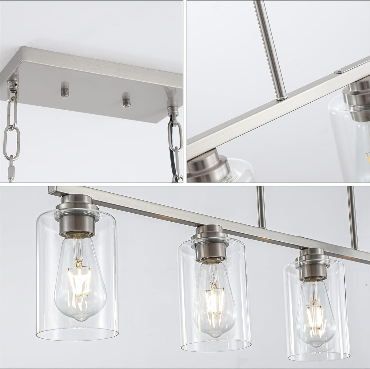 Mecgirn Island Light for Kitchen, Brushed Nickel Dining Room Light Fixture Over Table, 5-Light Linear Chandelier Pendant Lighting for Dining Table Kitchen Island Living Room
