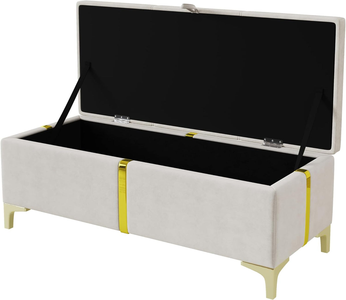GDFStudio Gomar 2-Piece Bedroom Sets, Queen Size Storage Bed Frame with Hydraulic Lift & Ottoman Bench, Velvet Upholstered Platform Bed, Soft Fabric Headboard, No Spring Box Needed, Gold Decor, Beige