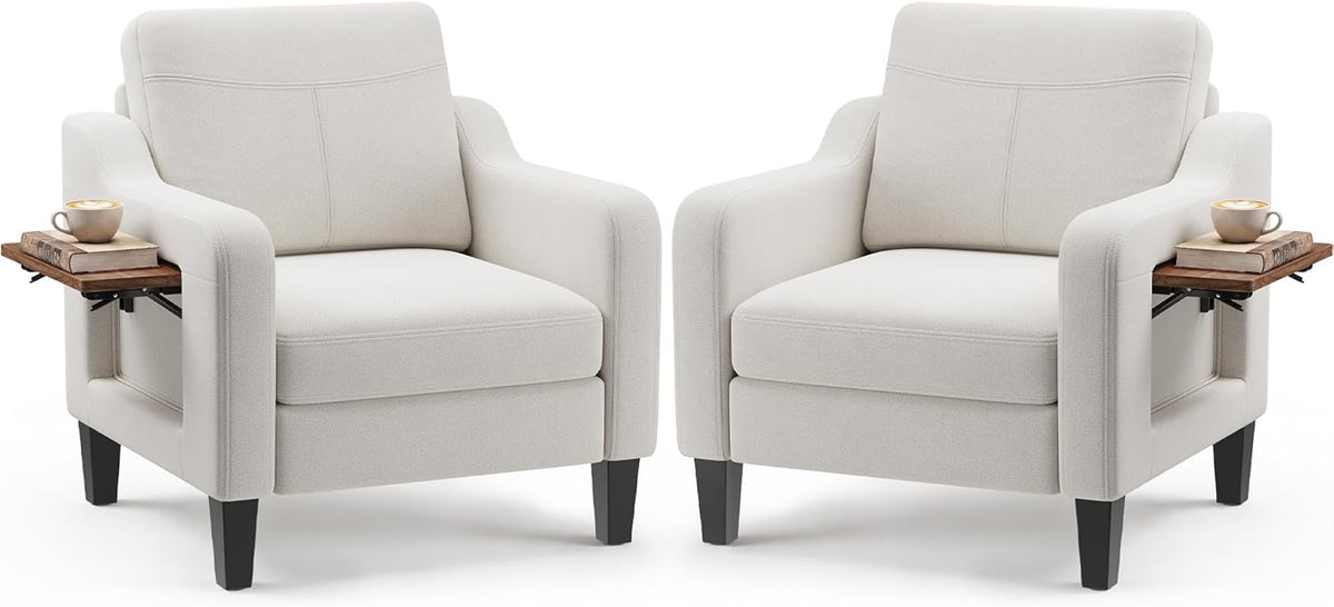 Accent Chairs Set of 2 for Living Room, Mid-Century Upholstered Armchair with Foldable Table & 2 Side Pockets, Modern Linen Wooden Sofa Chair for Bedroom & Reading Room, Beige
