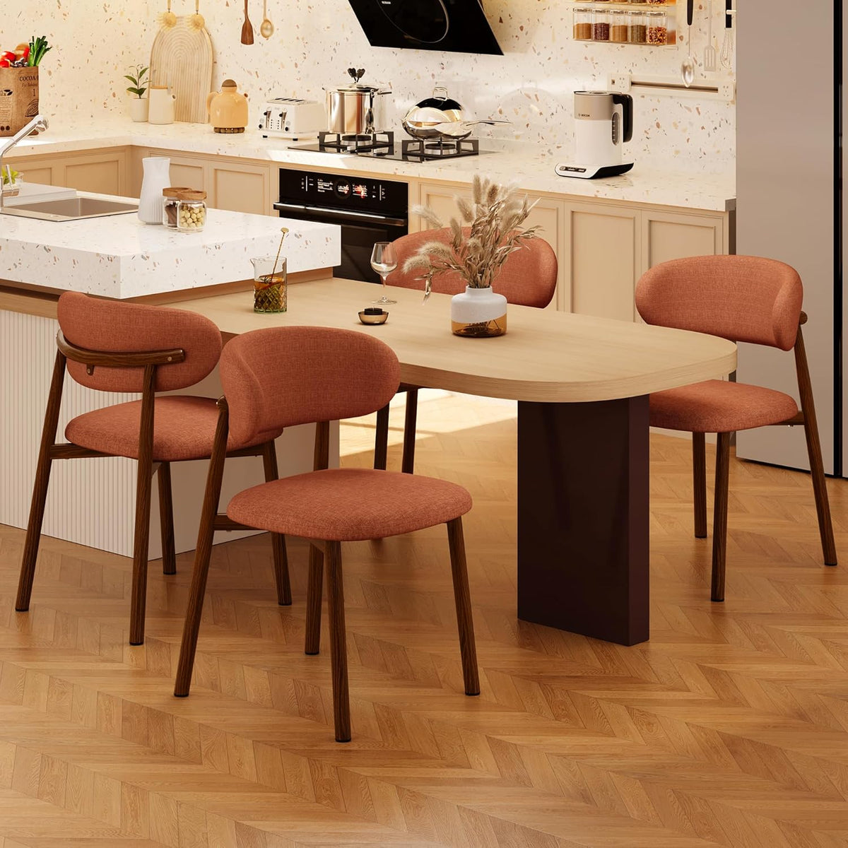 Kitchen Dining Chairs Set of 4 Modern Soft Linen Farmhouse Dining Room Chair with Metal Legs, Orange/Walnut
