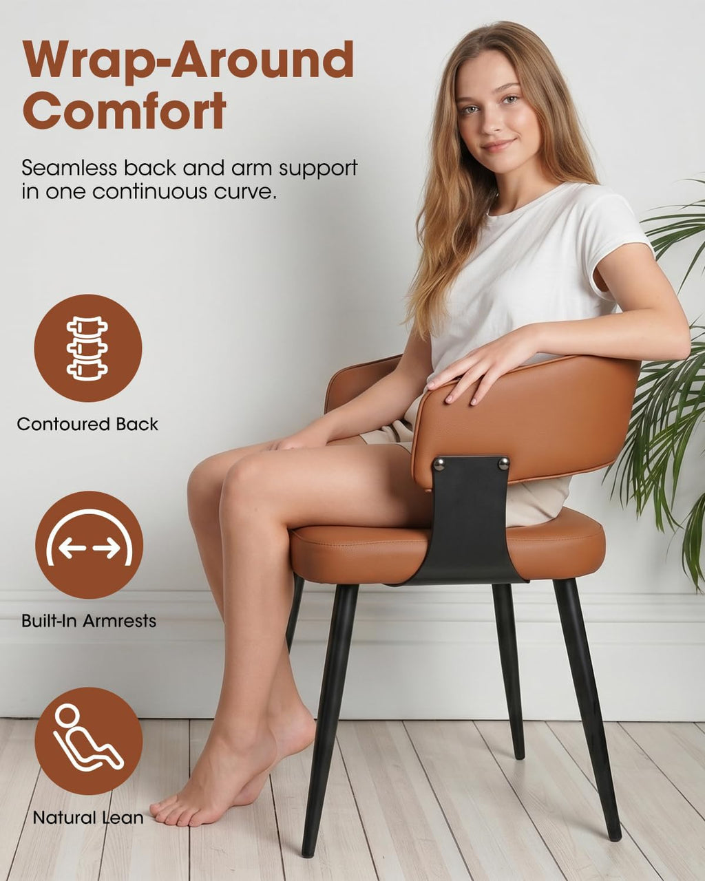 Dining Chairs Set of 4, Modern Upholstered PU Leather Kitchen & Dining Room Chairs with Curved Open Back Metal Legs, Kitchen Chairs for Dining Room Restaurant (Brown, Set of 4)