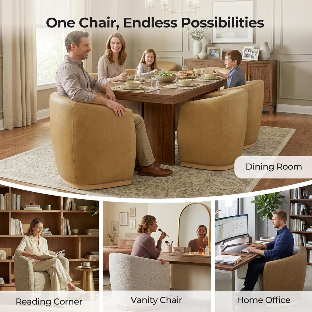 CHITA Upholstered Dining Chairs with Casters Set of 2, Genuine Leather Barrel Chair with Backrest & Dual Armrest, Rolling Chairs for Dining Room, Bedroom, Kitchen, Reading Room, Living Room (Mocha)