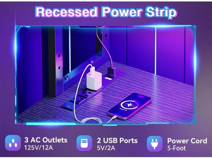 AODK L Shaped Desk Gaming Desk with LED Light & Power Outlet, 53 Inch Reversible L Shaped Computer Table with Shelf & Storage Bag & Hook for Home Office, Black