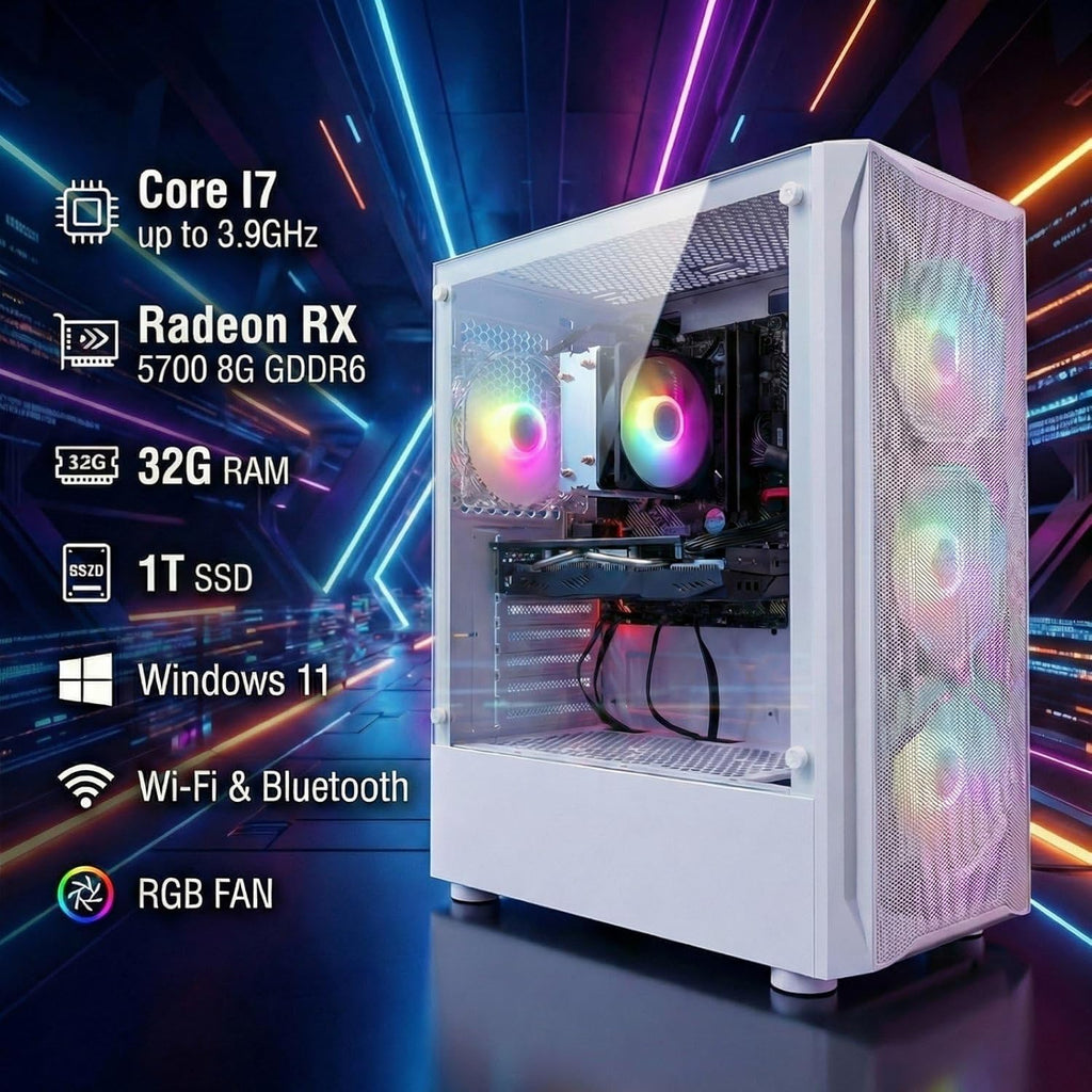 STGAubron Gaming Desktop PC, Intel Core i7 3.4G up to 3.9G, 32G RAM, 1T SSD, Radeon RX 5700 8G GDDR6, WiFi 6, BT 5.0, RGB Fan x 4, Windows 11 Home