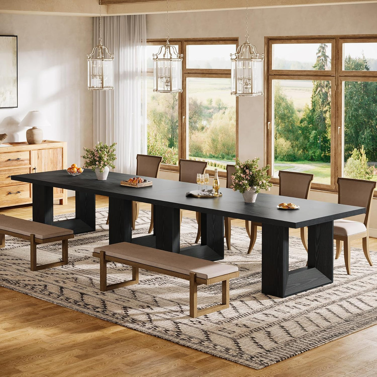 Tribesigns Farmhouse Dining Table, 63-Inch Rectangular Kitchen Table with Strong Geometric Frame for Kitchen & Dining & Living Room (Black)