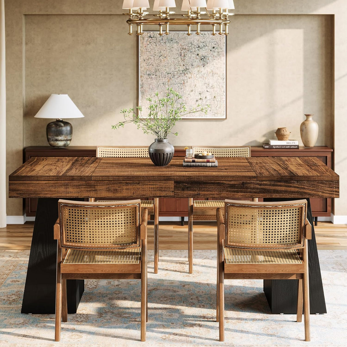Tribesigns Two Tone Dining Table for 4-6 People, Rectangular Farmhouse Kitchen Dinner Table with Double Pedestal, Wood Dining Room Furniture for Home, Dining Room, Small Space, Brown & Black