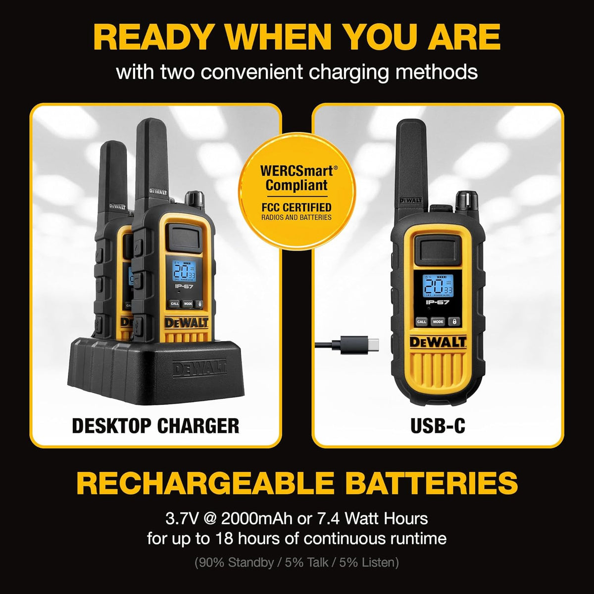 DEWALT DXFRS800 FRS Walkie Talkies, Long Range 2 Way Radio, 2W, IP67 Waterproof, 6 Pack with Gang Charger, DXFRS800-BCH6