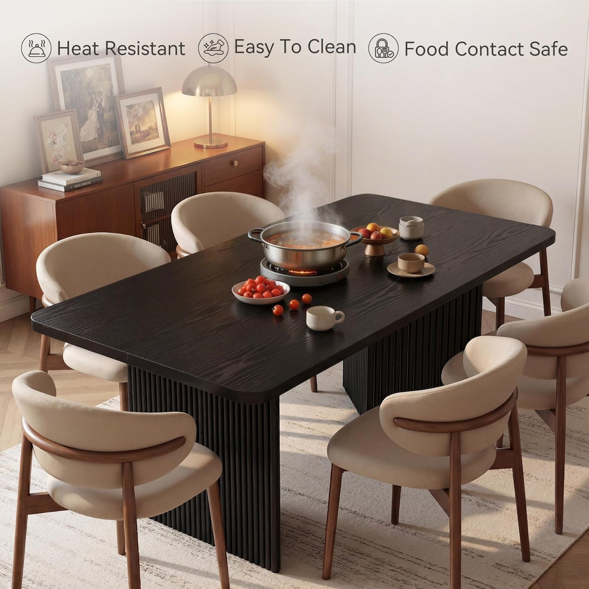 LITTLE TREE 63" Rectangle Dining Table, Modern Kitchen Table for 4-6 People, Large Dinner Table with Thick Sturdy Base for Kitchen, Dining Room (Black, MDF)