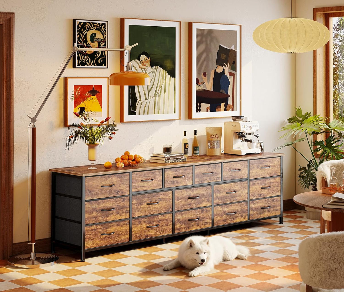 Huuger 77.6" Long Dresser for Bedroom, 16 Drawer Fabric Dresser for Closet, Wide Chest of Drawers with Storage, TV Stand for 65, 75, 85 Inch TV, 77.6" W x 12.9" D x 26.7" H, Rustic Brown