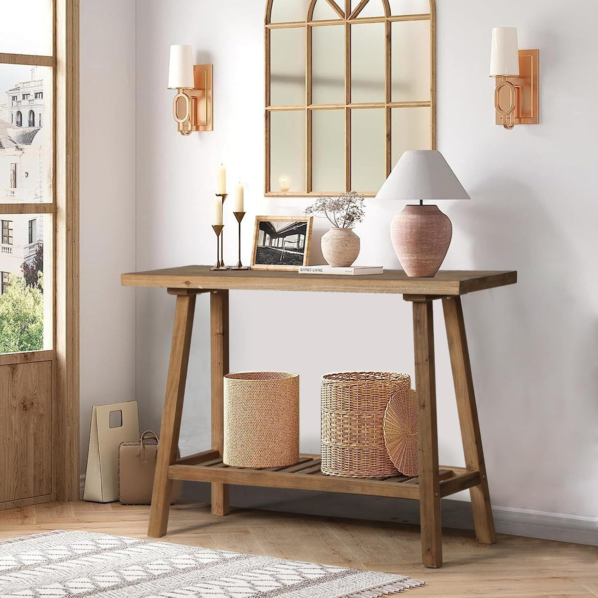 HOKYHOKY Reclaimed Solid Wood Console Table, 43.3" Farmhouse Entryway Table, Narrow Couch Tables Behind Sofa, 2 Tiers Accent Tables for Hallway, Entrance, Foyer, Living Room