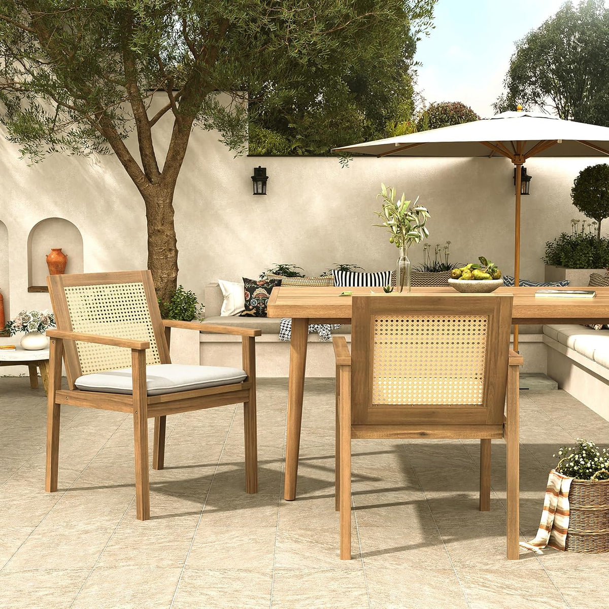Christopher Knight Home Dessa Outdoor Dining Chairs Set of 2, Acacia Wood Dining Chair, Woven Wicker Back Accent Chairs, Breathable Armchair, Comfort Cushion Seating for Backyard Garden, Teak+Beige