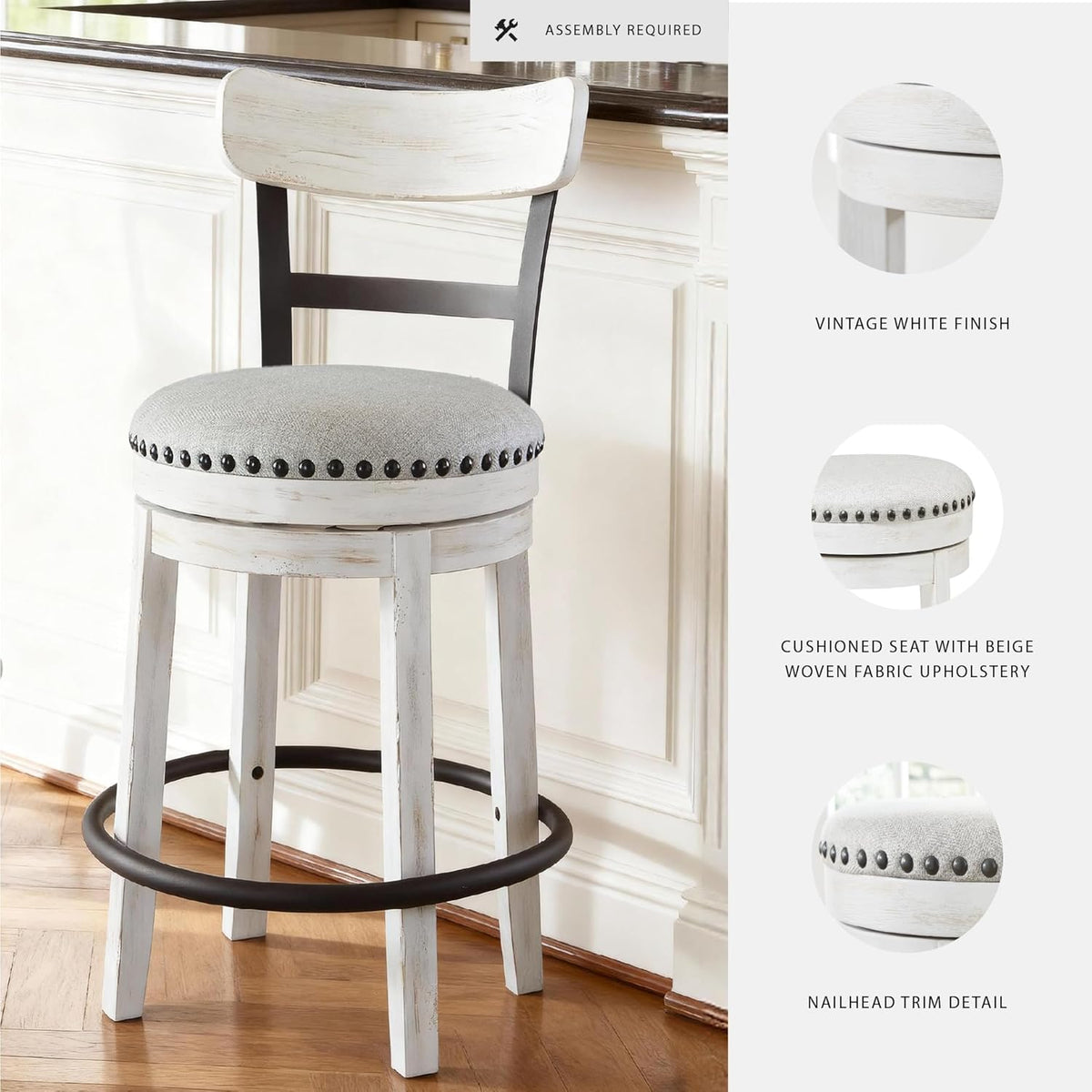 Signature Design by Ashley Valebeck Barstool, Rustic-Industrial Counter Height Chair, 360° Swivel, Wood & Metal Frame, Cushioned Seat, Ideal for Kitchen Island with Seating, Vintage White