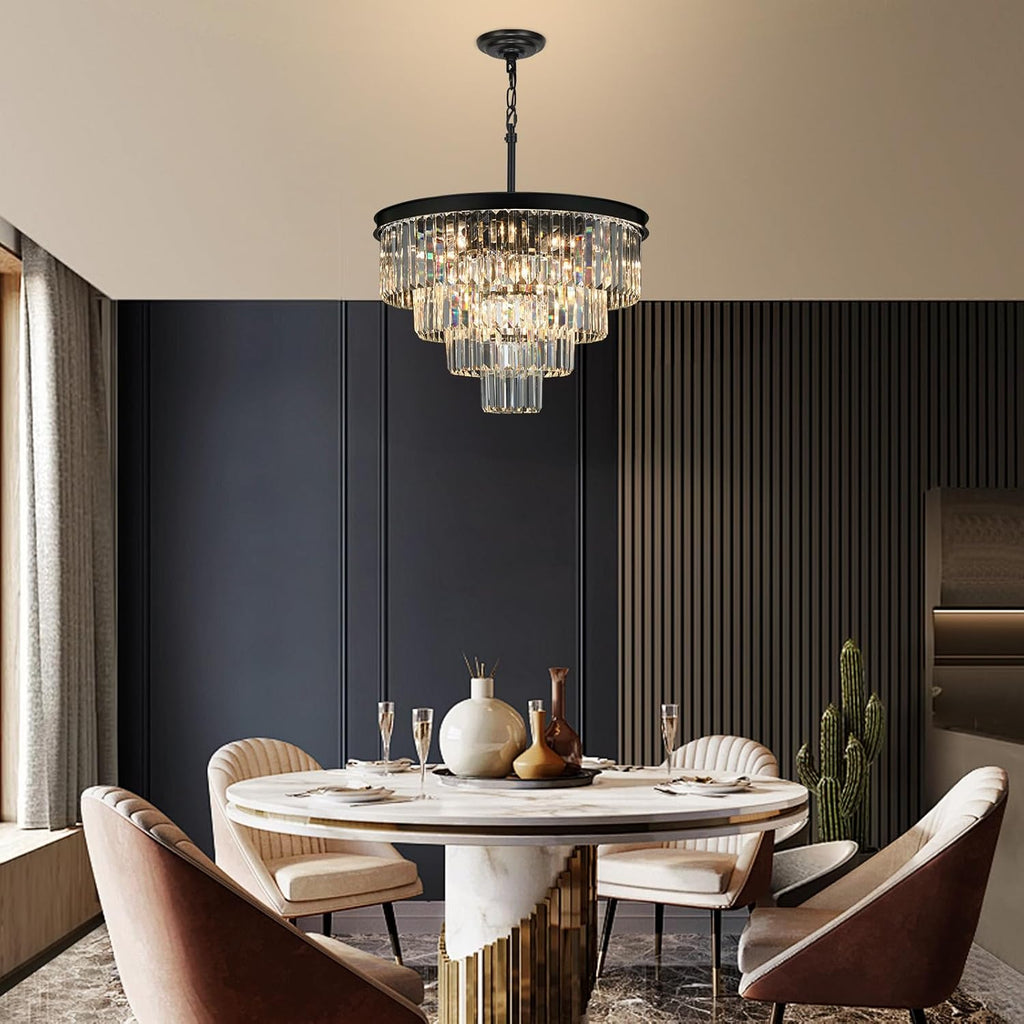 Crystal Chandeliers for Dining Room Lights Fixture Over Table, 15 Lights Black Modern Chandeliers for Living Room, 4-Tier Round Crystal Lighting Fixtures for Bedroom Entryway Kitchen Island D24 Inch