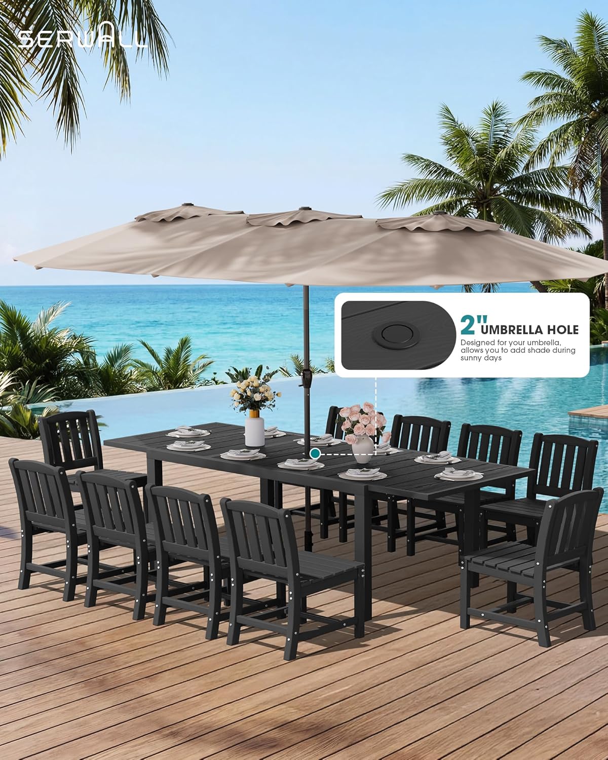 SERWALL Outdoor Expandable Dining Table 60" - 83", Patio Dining Table for 4-10 People, All Weather HDPE and Aluminum Outdoor Furniture, Black