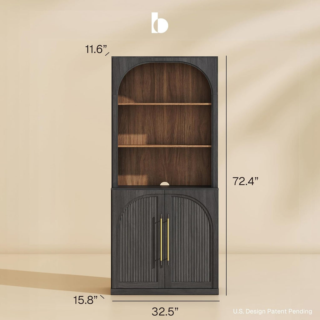 BELLEZE 72" Tall Storage Cabinet with Hutch, Modern Wood Sideboard with Arched Doors and 3-Tier Shelves, Display Curio Cabinet for Kitchen, Dining Room, Living Room, or Office, Ebony
