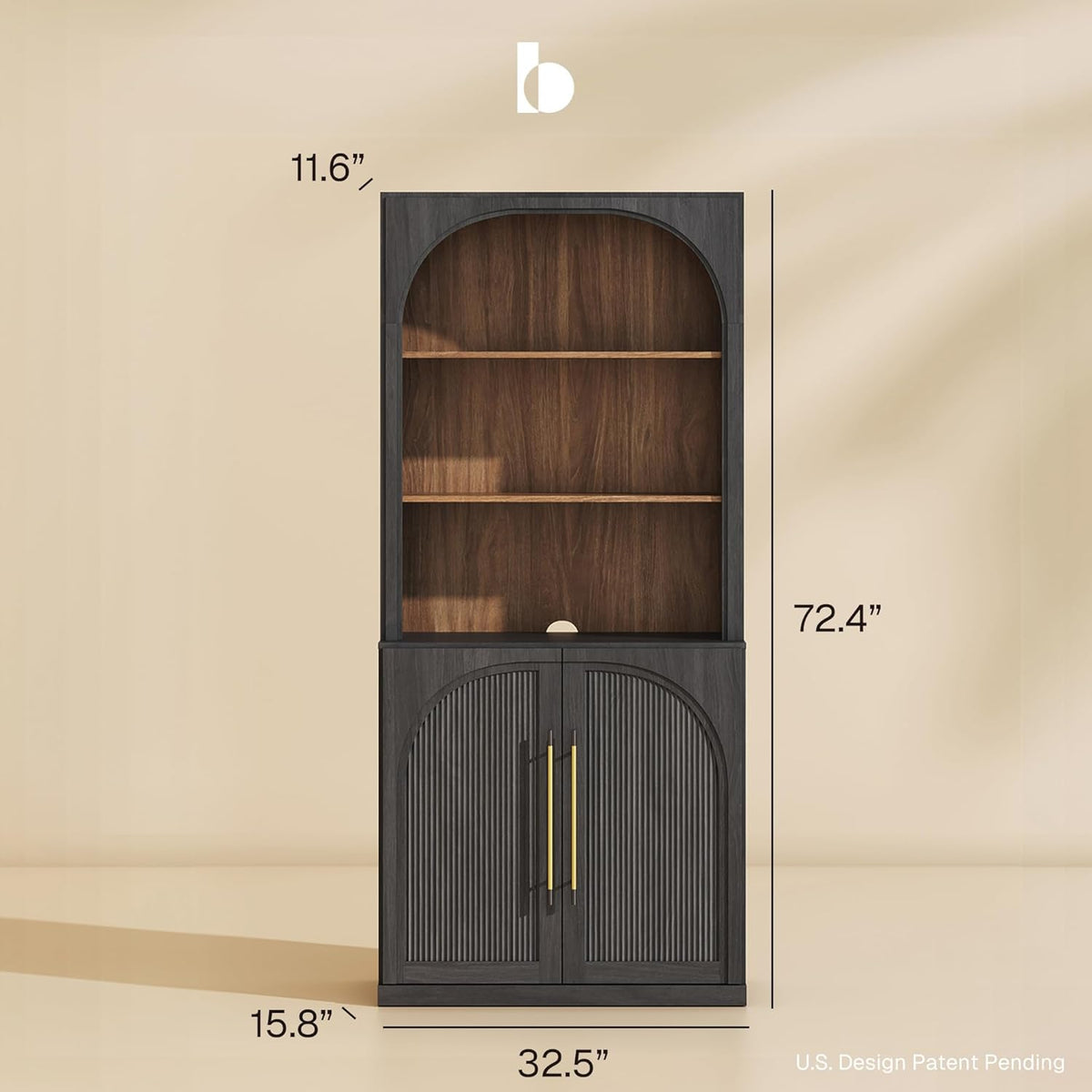BELLEZE 72" Tall Storage Cabinet with Hutch, Modern Wood Sideboard with Arched Doors and 3-Tier Shelves, Display Curio Cabinet for Kitchen, Dining Room, Living Room, or Office, Ebony