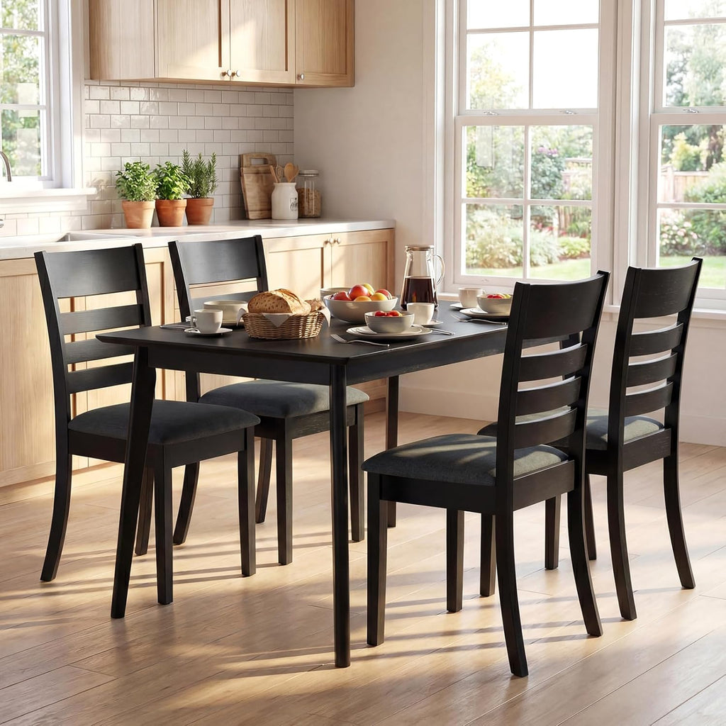 Giantex Wooden Dining Chairs Set of 4, Upholstered Black Kitchen Chair w/Rubber Wood Frame, Curved Slatted Backrest & Wide Padded Seat, Modern Dining Room Chairs for Living Room, Restaurant