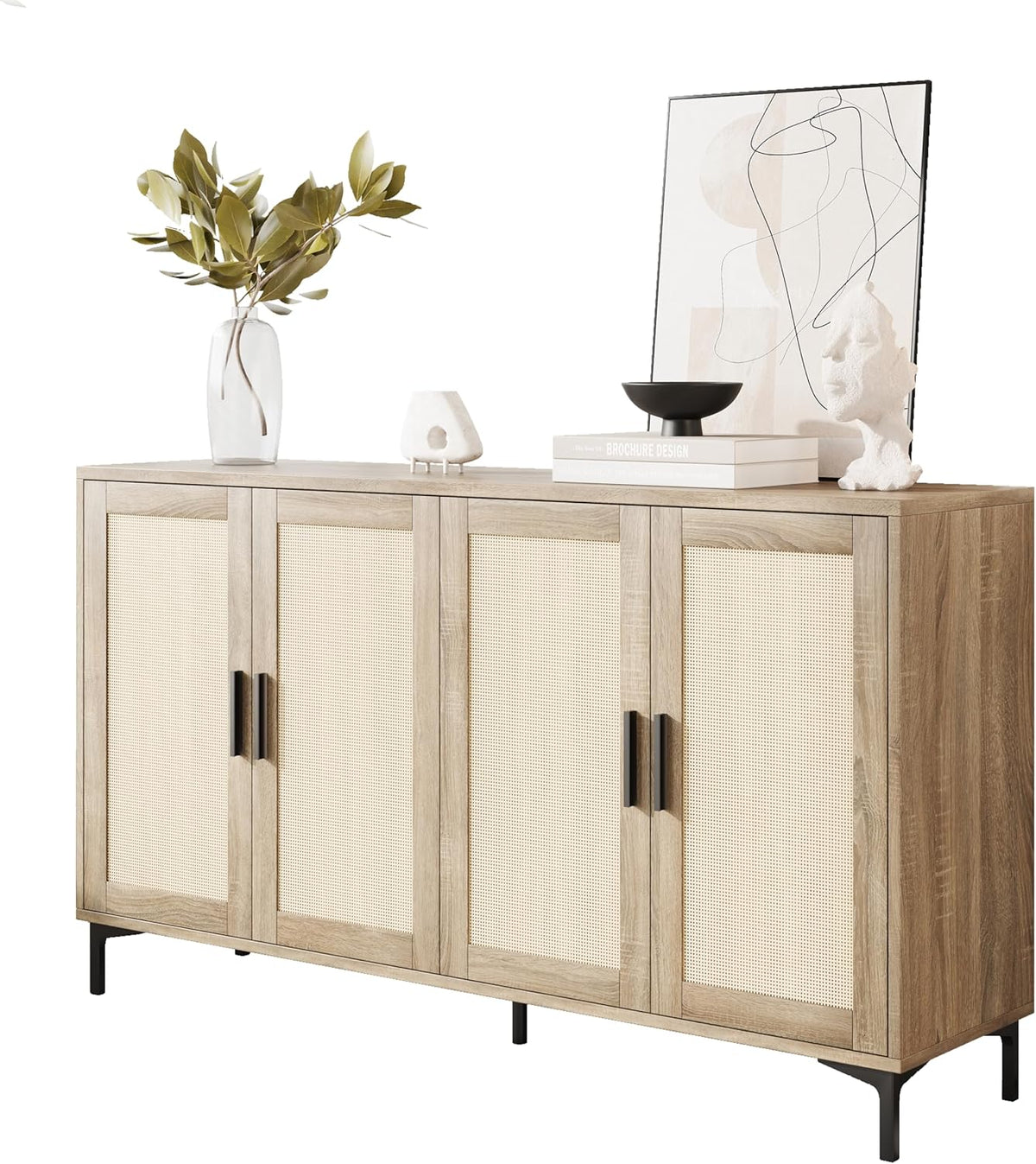 JASIWAY Buffet Cabinet with Storage, 48" Rattan Sideboard with Adjustable Shelves, Modern Coffee Bar Cabinet Console Table with Doors, Credenza for Kitchen, Living Room, Entryway, Dining Room, Wood