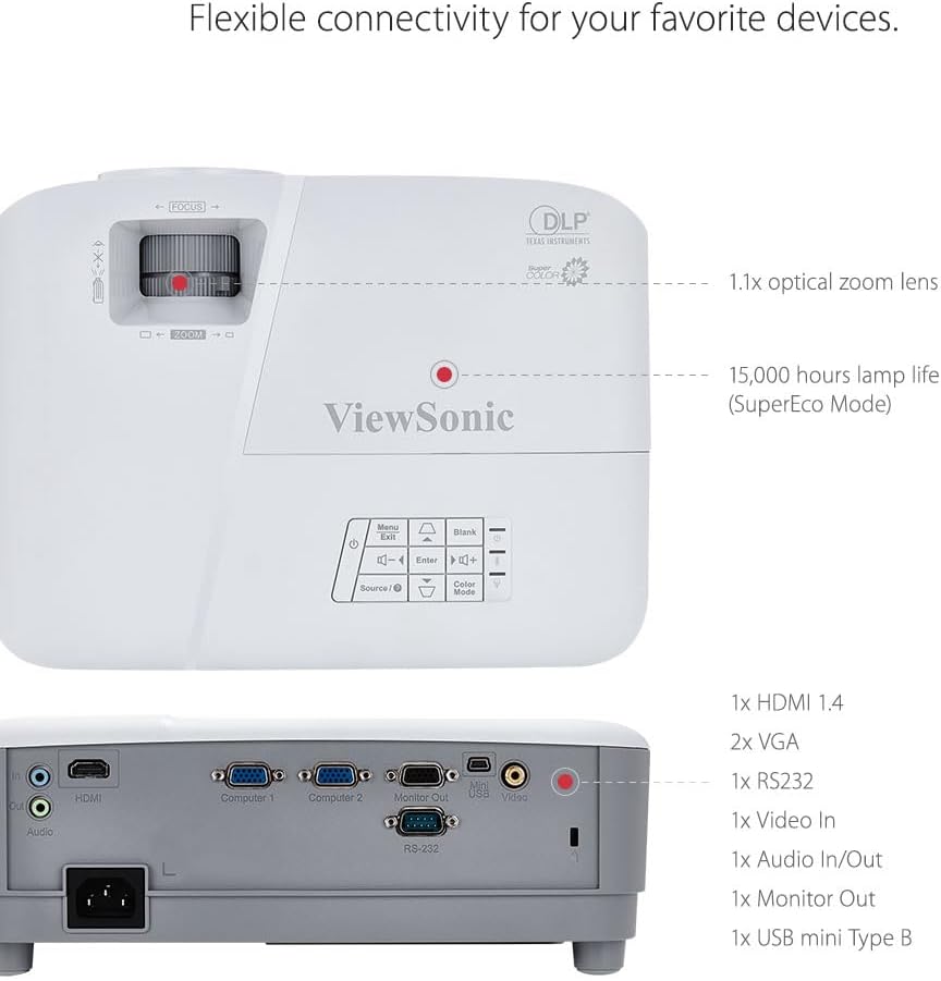ViewSonic PA503W 4000 Lumens WXGA Projector, High Brightness for Widescreen Presentations and Home Entertainment, Vertical Keystone, 1.1x Optical Zoom, and HDMI Inputs