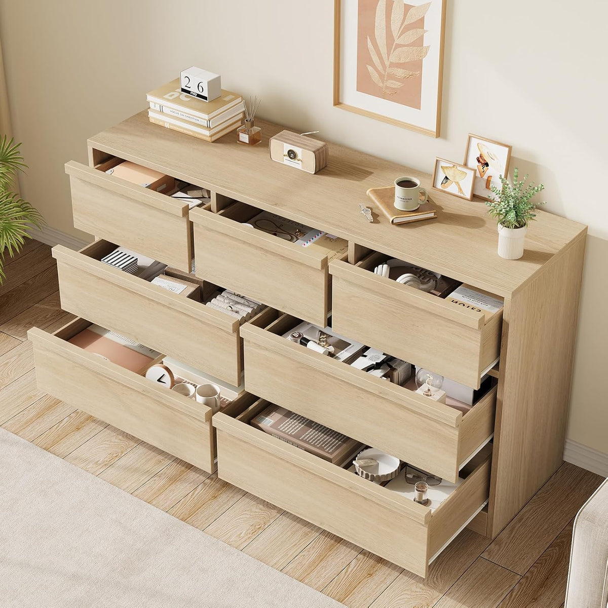 GarveeHome 7 Drawer Dresser for Bedroom, 54in Wide Natural Oak 7 Chest of Drawers with Large Storage, Wooden Dresser Organizer for Living Room, Nursery, Entryway