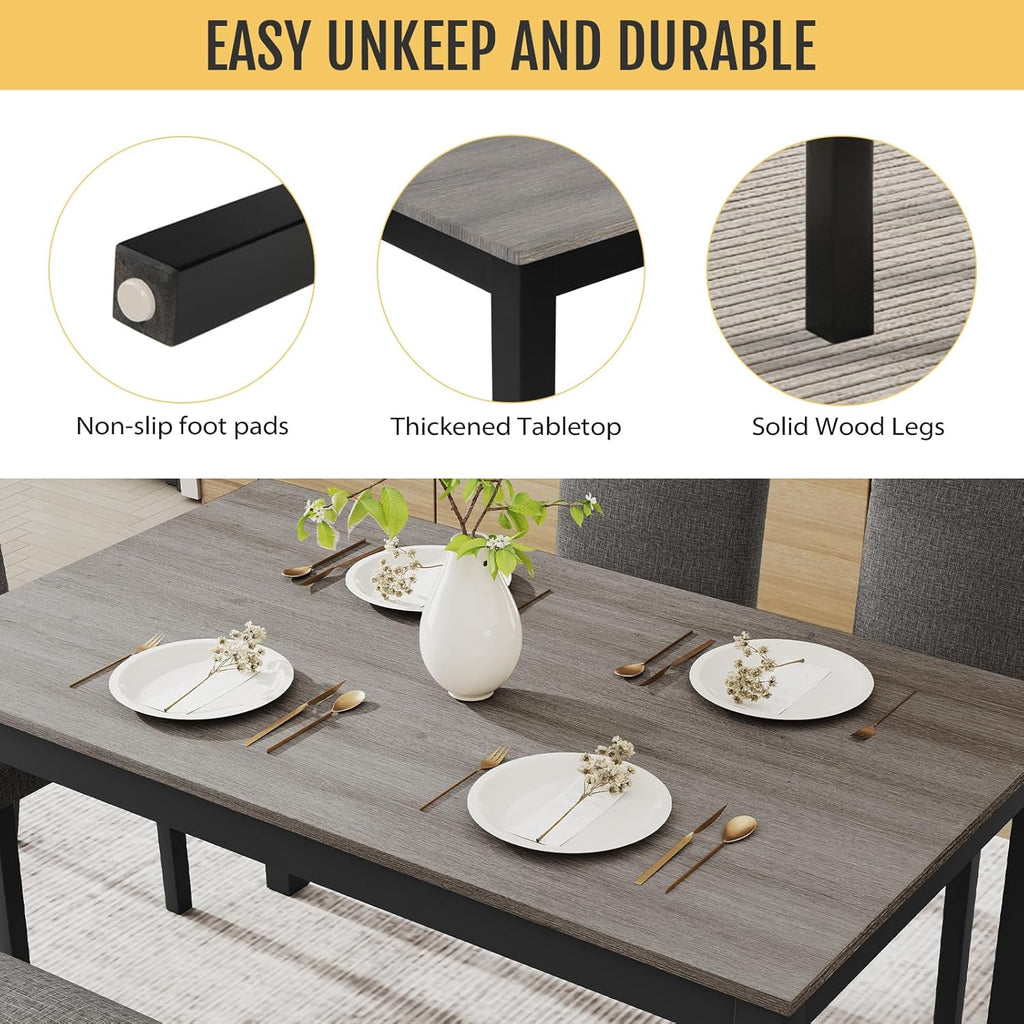 Zevemomo 6-Piece Solid Wood Dining Table Set, Including 1 Dining Table, 4 Upholstered Chairs and 1 Bench, Wooden Legs Dining Table Set for Dining Room, Kitchen, Restaurant, Dark Grey
