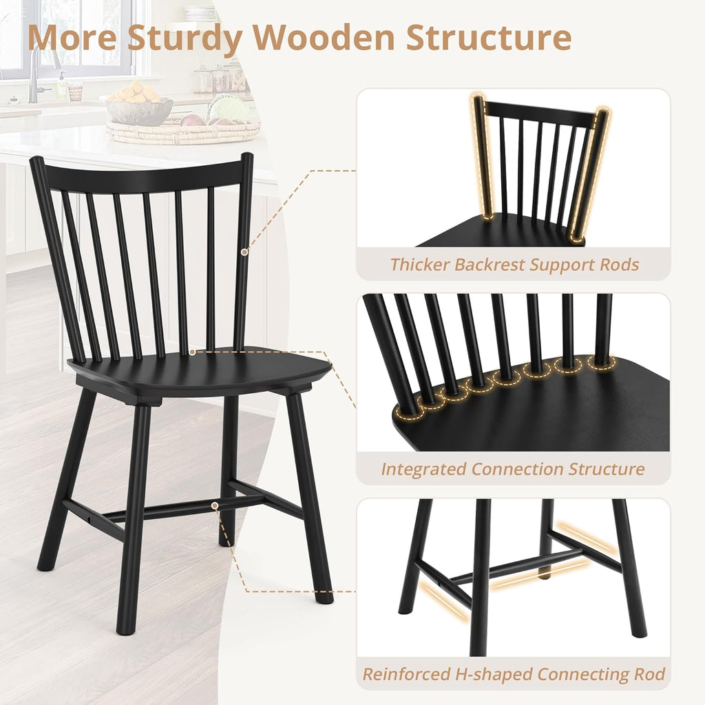 LUE BONA Upgraded Dining Chairs Set of 6, Farmhouse Wooden Spindle Back Kitchen Chairs, Windsor Dining Chairs for Kitchen and Dining Room, Black